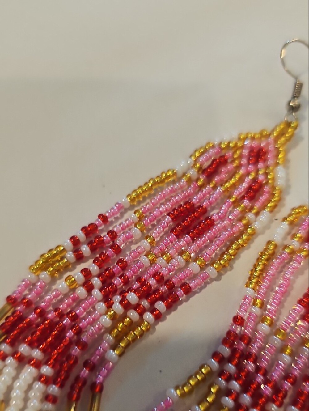Gold-Accented Pink & Red Beaded Fringe Earrings - Picture 4 of 7